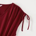 Family Matching Solid V Neck Drop Shoulder Drawstring Short-sleeve Dresses and Colorblock T-shirts Sets WineRed image 4