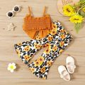 2pcs Baby Girl 100% Cotton Spaghetti Strap Bowknot Crop Top and Sunflower Leopard Print Flared Pants Set Yellow image 2