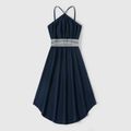Family Matching Solid Spaghetti Strap Dresses and Striped Colorblock Short-sleeve T-shirts Sets Tibetanblue image 2