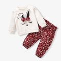 2pcs Baby Girl 95% Cotton Long-sleeve Cartoon Rabbit Print Sweatshirt and Floral Print Trousers Set Red image 1