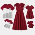 Family Matching Solid V Neck Drop Shoulder Drawstring Short-sleeve Dresses and Colorblock T-shirts Sets WineRed image 1
