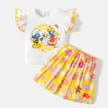 Smurfs 2pcs Kid Girl Character Print Flutter-sleeve Tee and Floral Print Skirt Set Yellow