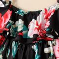 Baby Girl All Over Floral Print Cold Shoulder Spaghetti Strap Layered Ruffle Short-sleeve Dress Black