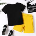 2pcs Kid Boy Letter Print Striped Short-sleeve Tee and Elasticized Shorts Set Black image 3