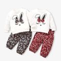 2pcs Baby Girl 95% Cotton Long-sleeve Cartoon Rabbit Print Sweatshirt and Floral Print Trousers Set Red image 2