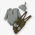 Baby 3pcs Ribbed Stripe Print Long-sleeve Romper and Waffle Overalls Set Dark Grey image 1