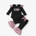 2pcs Baby Letter Embroidered Black Long-sleeve Romper and Leopard Bell Bottom Pants Set Black
