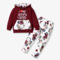 2-piece Toddler Girl Letter Floral Print Hoodie and Pants Set Burgundy image 1