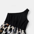 Black Ribbed One Shoulder Sleeveless Splicing Leopard Romper for Mom and Me BlackandWhite