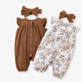 2pcs Baby Girl 100% Cotton Solid/Floral-print Flutter-sleeve Snap Romper with Headband Set Khaki