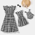 Black and White Plaid V Neck Flutter-sleeve Tiered Dress for Mom and Me BlackandWhite