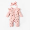 2pcs Baby Girl 95% Cotton Long-sleeve Floral Print Ruffle Button Up Waffle Jumpsuit with Headband Set Pink