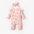 2pcs Baby Girl 95% Cotton Long-sleeve Floral Print Ruffle Button Up Waffle Jumpsuit with Headband Set Pink image 2