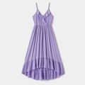 Family Matching Purple Textured Spaghetti Strap Lace V Neck Ruffle Dresses and Short-sleeve Striped T-shirts Sets pinkpurple