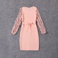 Pink 3D Floral Applique Mesh Long-sleeve Belted Slim-fit Dress for Mom and Me Pink image 2