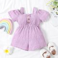 Baby Girl Solid Textured Cold Shoulder Short-sleeve Bowknot Hollow Out Romper Purple image 4