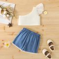 2pcs Toddler Girl Lace Design One Shoulder White Tank Top and Denim Shorts Set White
