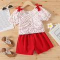 2pcs Kid Girl Polka dots Bowknot Design Ruched Puff-sleeve Blouse and Elasticized Shorts Set Red