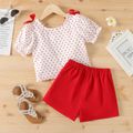 2pcs Kid Girl Polka dots Bowknot Design Ruched Puff-sleeve Blouse and Elasticized Shorts Set Red