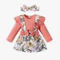 2pcs Baby Floral Print Ribbed Ruffle Long-sleeve Faux-two Romper Dress Set Pink