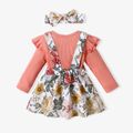 2pcs Baby Floral Print Ribbed Ruffle Long-sleeve Faux-two Romper Dress Set Pink