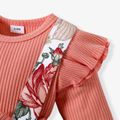 2pcs Baby Floral Print Ribbed Ruffle Long-sleeve Faux-two Romper Dress Set Pink image 4