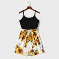 Solid and Sunflower Floral Print Splicing Spaghetti Strap Romper for Mom and Me BlackandWhite image 2