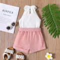 2pcs Toddler Girl Ribbed Halter Tank Top and Belted Shorts Set White