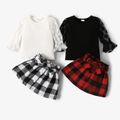 2-piece Toddler Girl Polka dots Mesh Puff-sleeve Blouse and Button Design Plaid Skirt with Belt Set White