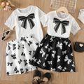 2pcs Kid Girl Bowknot Lace Design Short-sleeve Blouse and Skirt Set White