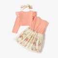 2-piece Baby/Toddler Girl Bowknot Design Ribbed Floral Print Mesh Splice Sleeveless Dress and Ruffled Cardigan Set Multi-color image 2