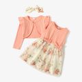 2-piece Baby/Toddler Girl Bowknot Design Ribbed Floral Print Mesh Splice Sleeveless Dress and Ruffled Cardigan Set Multi-color image 1