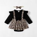Baby Girl Leopard Splicing Black Cotton Ruffle Long-sleeve Faux-two Romper Dress Black image 1