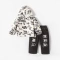 2pcs Baby Boy 95% Cotton Denim Ripped Jeans and All Over Graffiti Letter Print Long-sleeve Hoodie Set Color block image 1