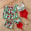 Family Matching All Over Tropical Plants Parrot Print Swim Trunks Shorts and Ruffle Splicing One-Piece Swimsuit Red image 2