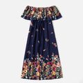 All Over Floral Print Off Shoulder Ruffle Dress for Mom and Me Dark Blue