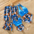 Family Matching Blue Splicing Halter Neck Self-Tie One-Piece Swimsuit and All Over Plants Print Swim Trunks Shorts Blue