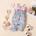 Baby Girl All Over Floral Print Spaghetti Strap Bowknot Denim Bell Bottom Jumpsuit Multi-color image 1