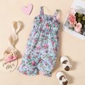 Baby Girl All Over Floral Print Spaghetti Strap Bowknot Denim Bell Bottom Jumpsuit Multi-color image 2
