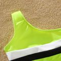 Family Matching Fluorescent Green Splicing Swim Trunks Shorts and One Shoulder Two-Piece Bikini Set Swimwear LimeGreen
