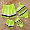 Family Matching Fluorescent Green Splicing Swim Trunks Shorts and One Shoulder Two-Piece Bikini Set Swimwear LimeGreen