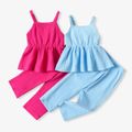 2pcs Toddler Girl 100% Cotton Solid Color Peplum Crepw Camisole and Elasticized Pants Set Blue image 2