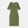 Ribbed Solid Half-sleeve Matching Green Midi Dresses Army green