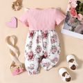 Baby Girl 95% Cotton Ribbed Short-sleeve Splicing Floral Print Jumpsuit Pink