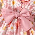100% Cotton Baby Girl All Over Daisy Floral Print Pink Lapel Button Up Flutter-sleeve Belted Layered Dress Light Pink