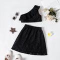 2pcs Toddler Girl Lace Flounce One Shoulder Black Tank Top and Skirt set Black