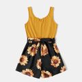 Yellow Ribbed Splicing Sunflower Floral Print Belted Sleeveless Romper for Mom and Me Yellow image 2