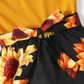 Yellow Ribbed Splicing Sunflower Floral Print Belted Sleeveless Romper for Mom and Me Yellow image 4