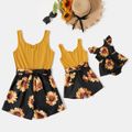 Yellow Ribbed Splicing Sunflower Floral Print Belted Sleeveless Romper for Mom and Me Yellow image 1