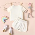 2pcs Toddler Girl Letter Print Ribbed Short-sleeve Tee and Bowknot Design Elasticized Shorts Set MILKWHITE image 3